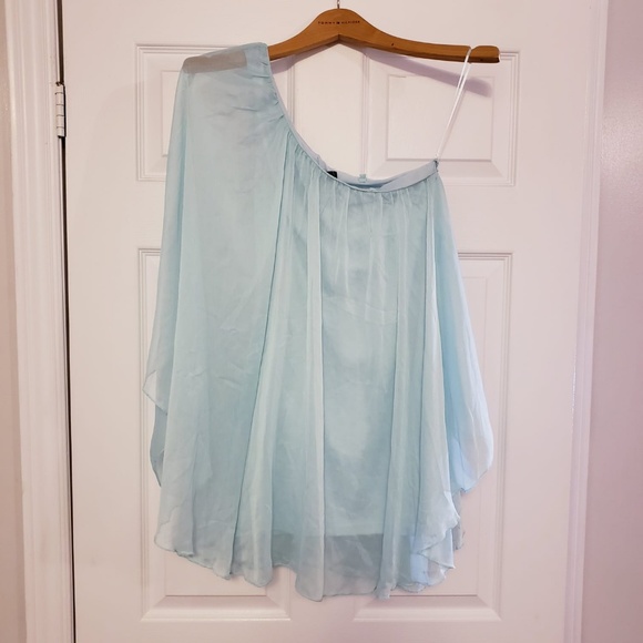 MINT BLUE CHIFFON ONE SHOULDER FLIRTY MINI DRESS S - Picture 1 of 4